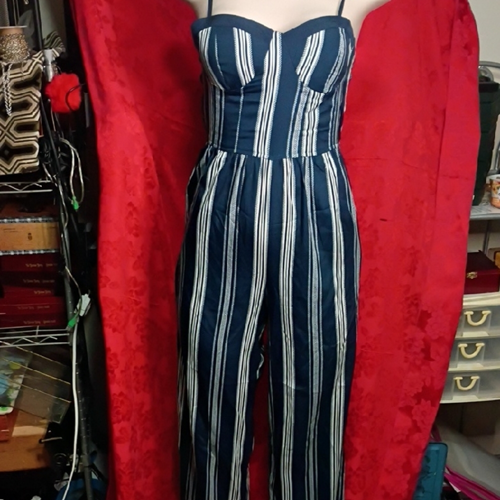 Band of Gypsies Navy & White Striped Bustier Jumpsuit